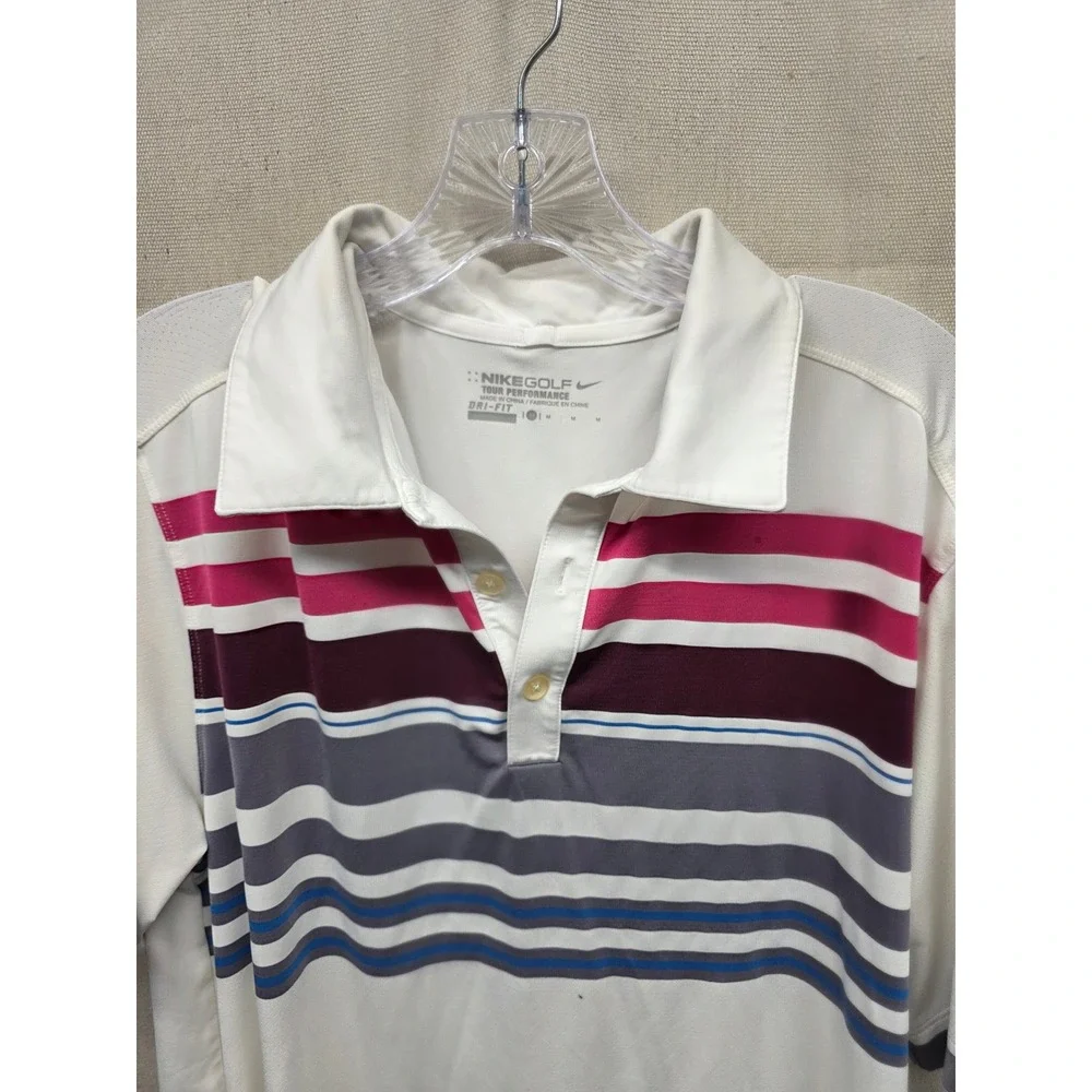 Nike Golf‎ Tour Performance Dri-Fit Striped Polo Shirt Mens Medium White Multi